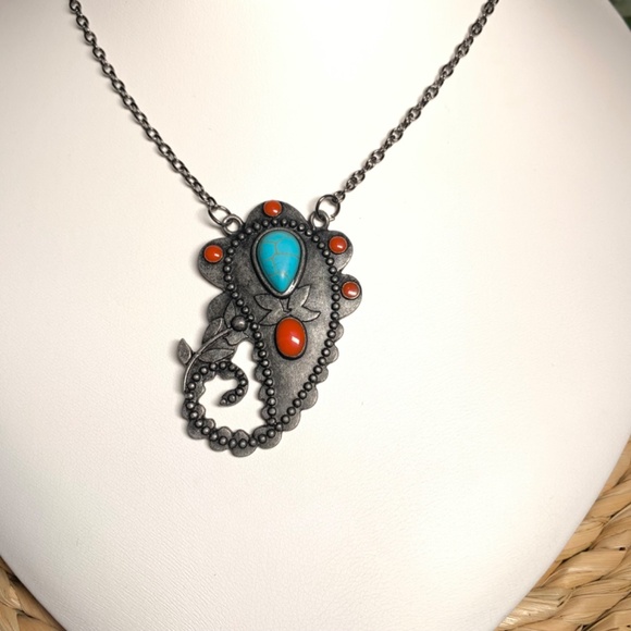 Southwestern Peacock Feather Turquoise Howlite and Red Cabochon Pendant Necklace - Picture 4 of 10